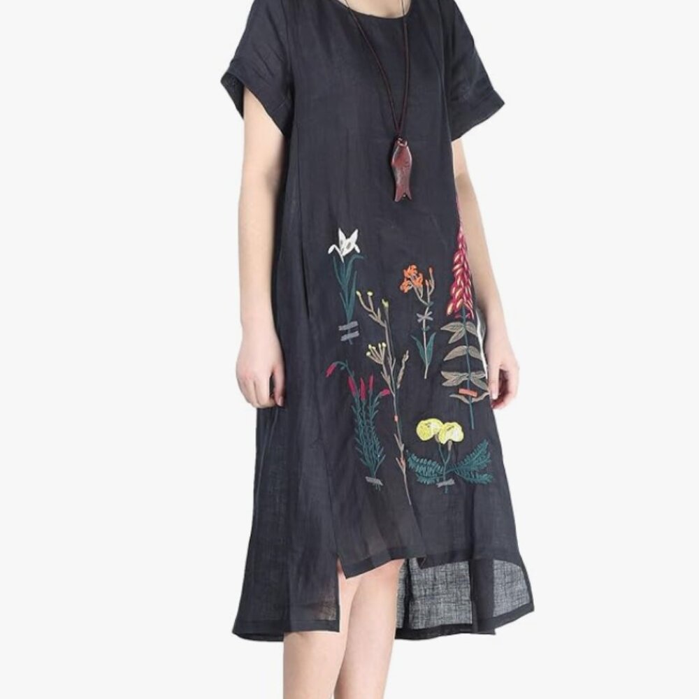 Boho Chic Floral Embroidered Linen Cotton Summer Tunic Dress - Picture 2 of 4